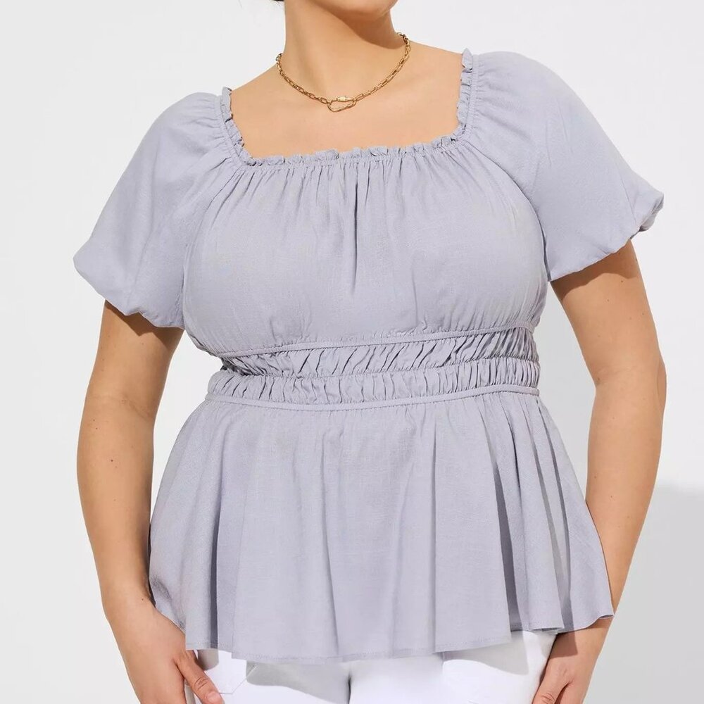 Torrid Linen Puff Sleeve Shirred Bodice Blouse Size 1